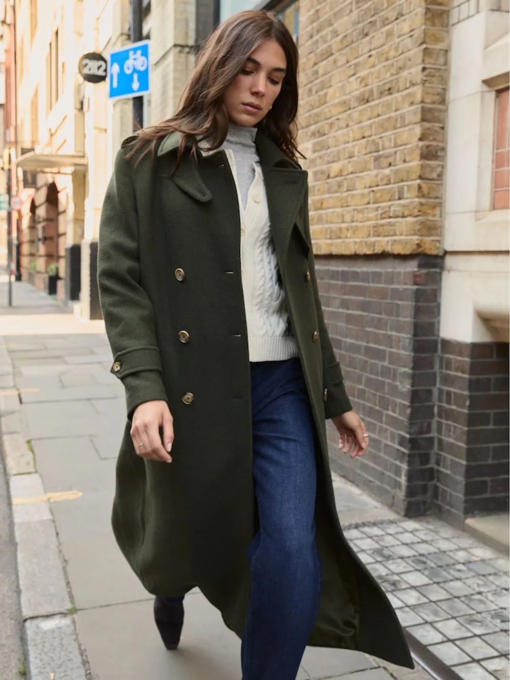 DKNY Olive Green Double-Breasted Wool Pea Coat